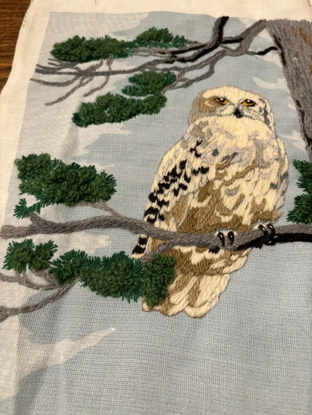 Vintage 1985 Dimensions Snowy Owl Crewel Embroidery Needlework Woodland Art